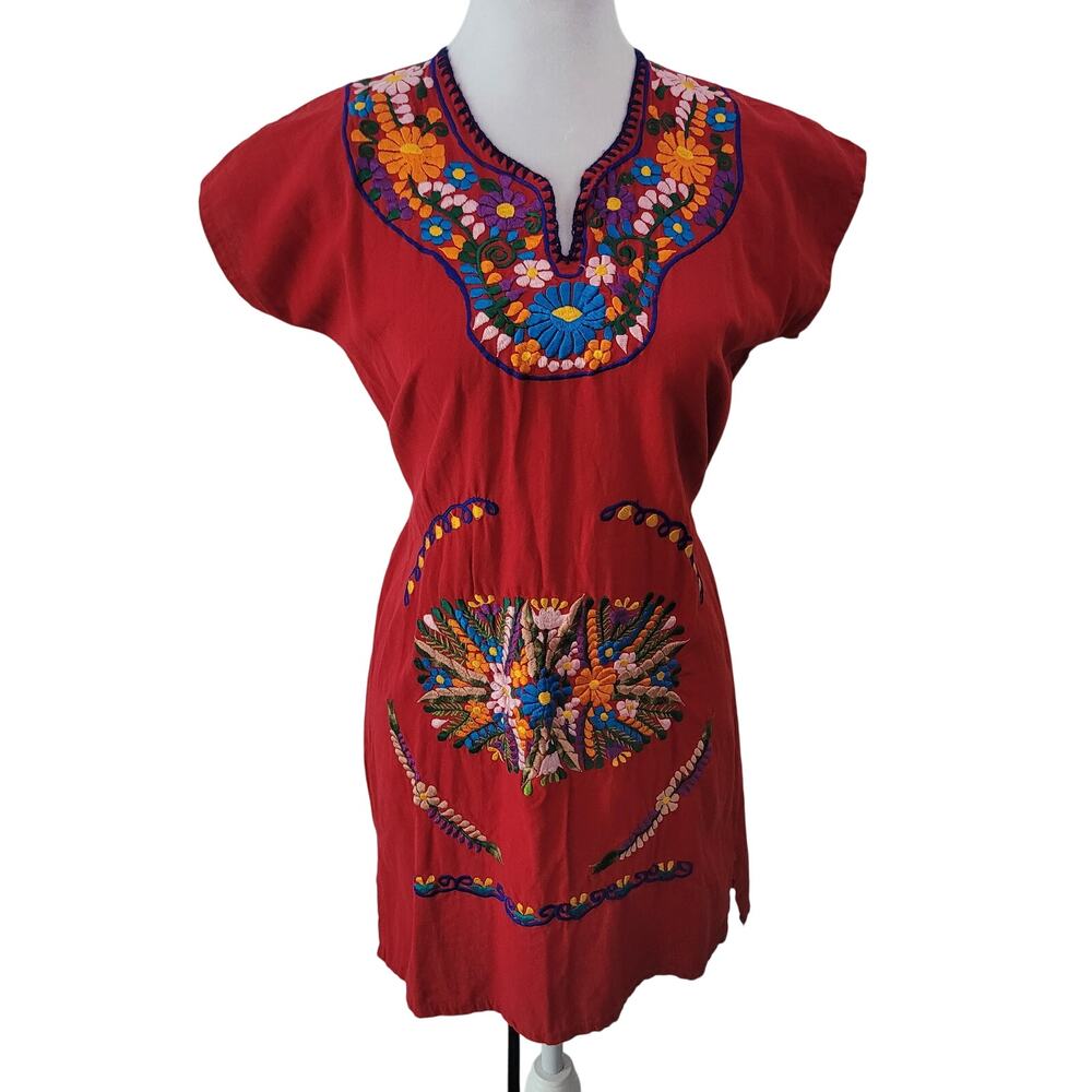 Red Embroidered Dress Size 10 Boho Festival Mexican Style Tie Waist‎ Cap Sleeves